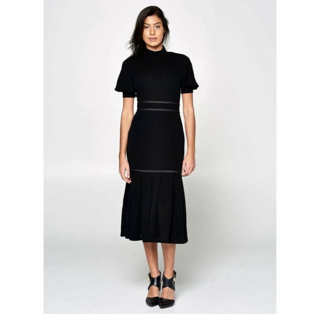 NWT WOMEN'S HOTTIE + LORD BLACK TRIMMED DETAIL PLEATED HEM LUNA MIDI DRESS